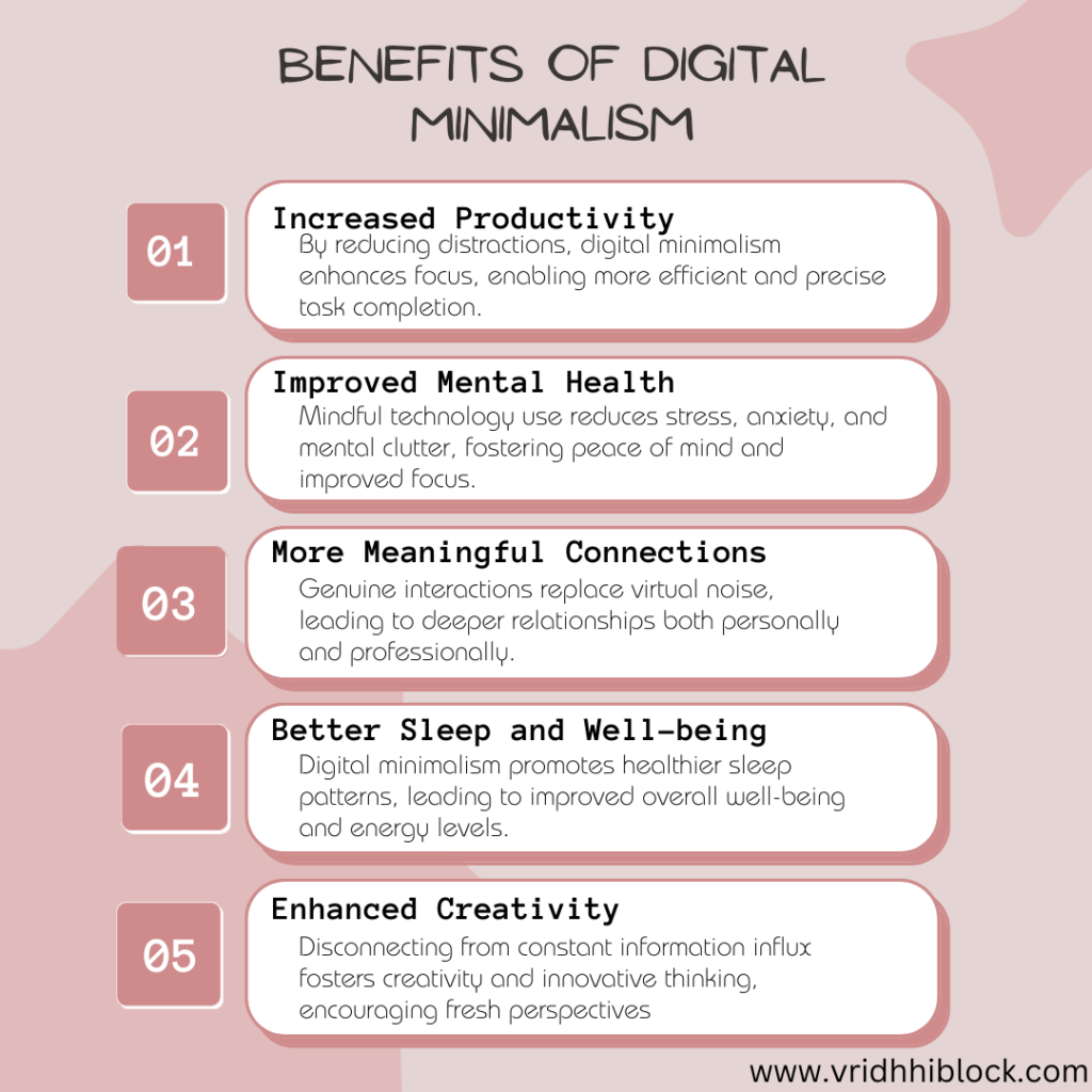 Infographic listing key benefits of digital minimalism, including reduced stress and increased focus.