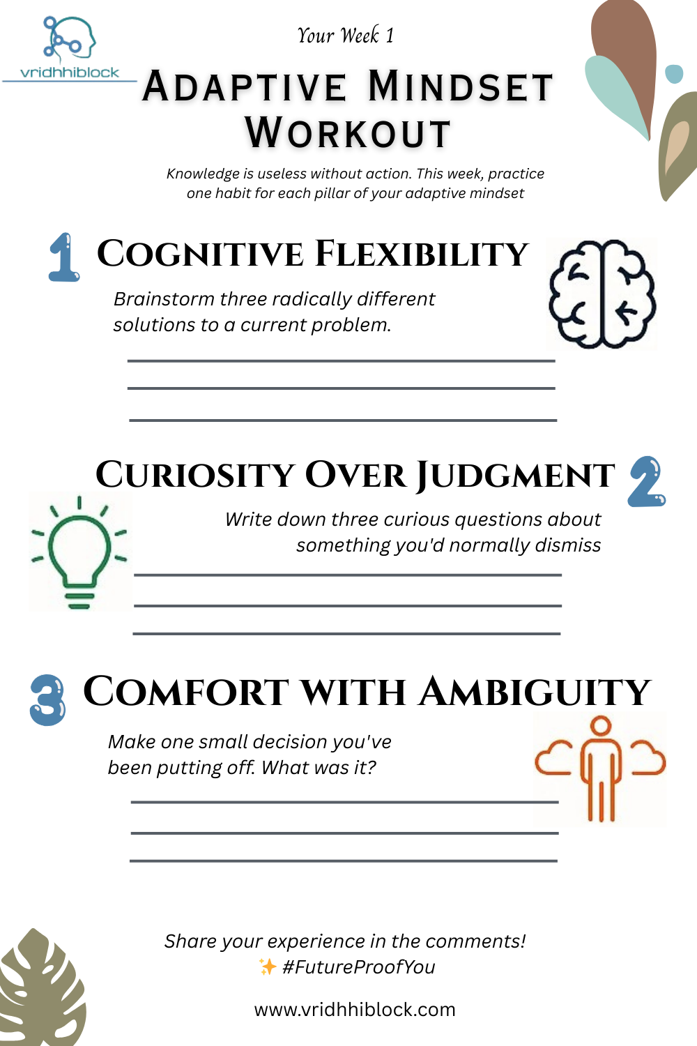 Adaptive mindset workout worksheet for practicing flexibility, curiosity, and ambiguity