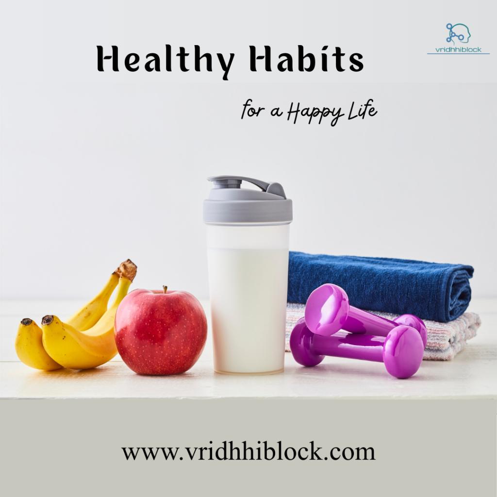 A visual of exercise weights, an apple, bananas, and a water bottle, representing a complete healthy habits routine.