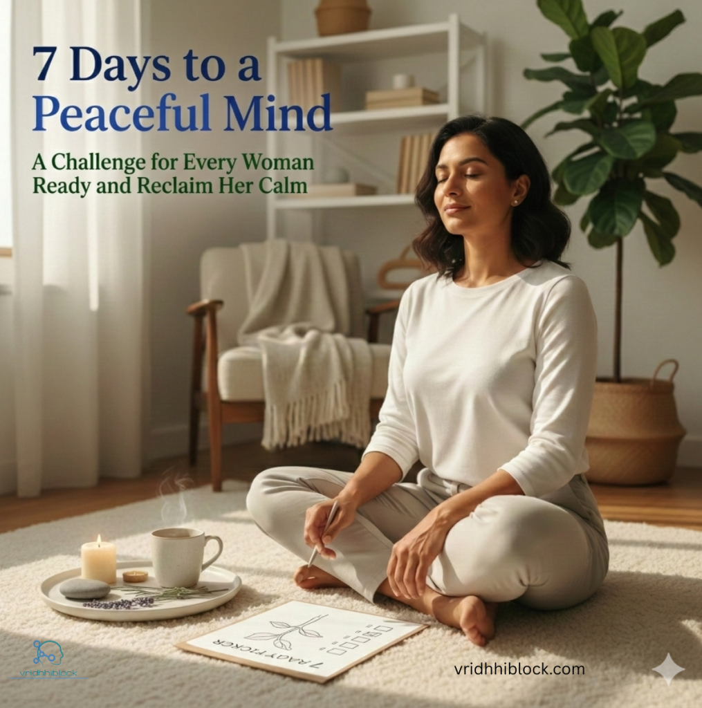 Woman practicing mindfulness for a 7-day peaceful mindset challenge.