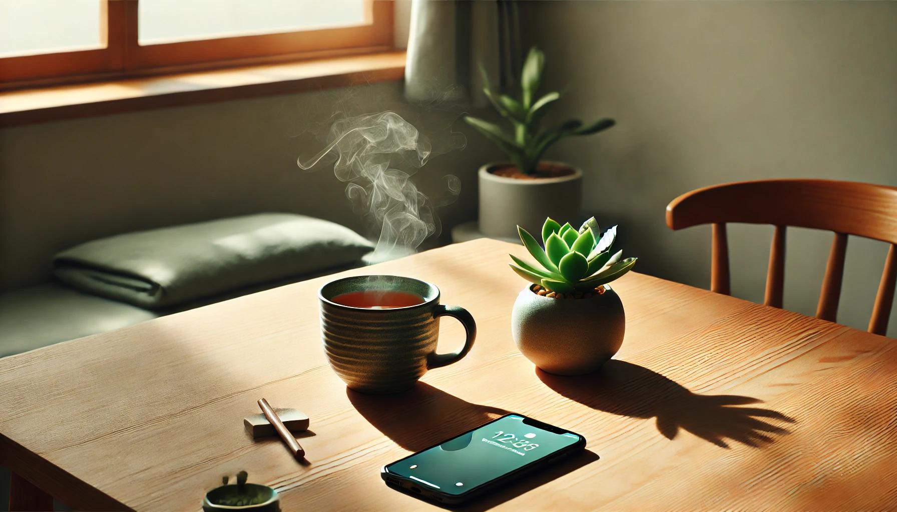 A smartphone placed face down on a wooden table next to a cup of herbal tea and a green plant, representing digital minimalism.