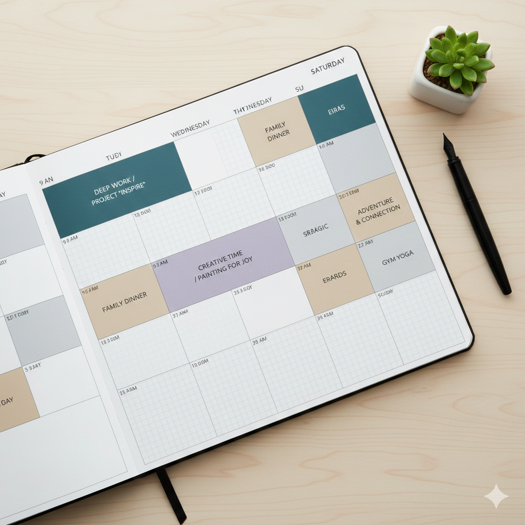 A top-down view of a clean Scandinavian-style weekly planner with color-coded time blocks for deep work and connection, serving as a blueprint for intentional life design.