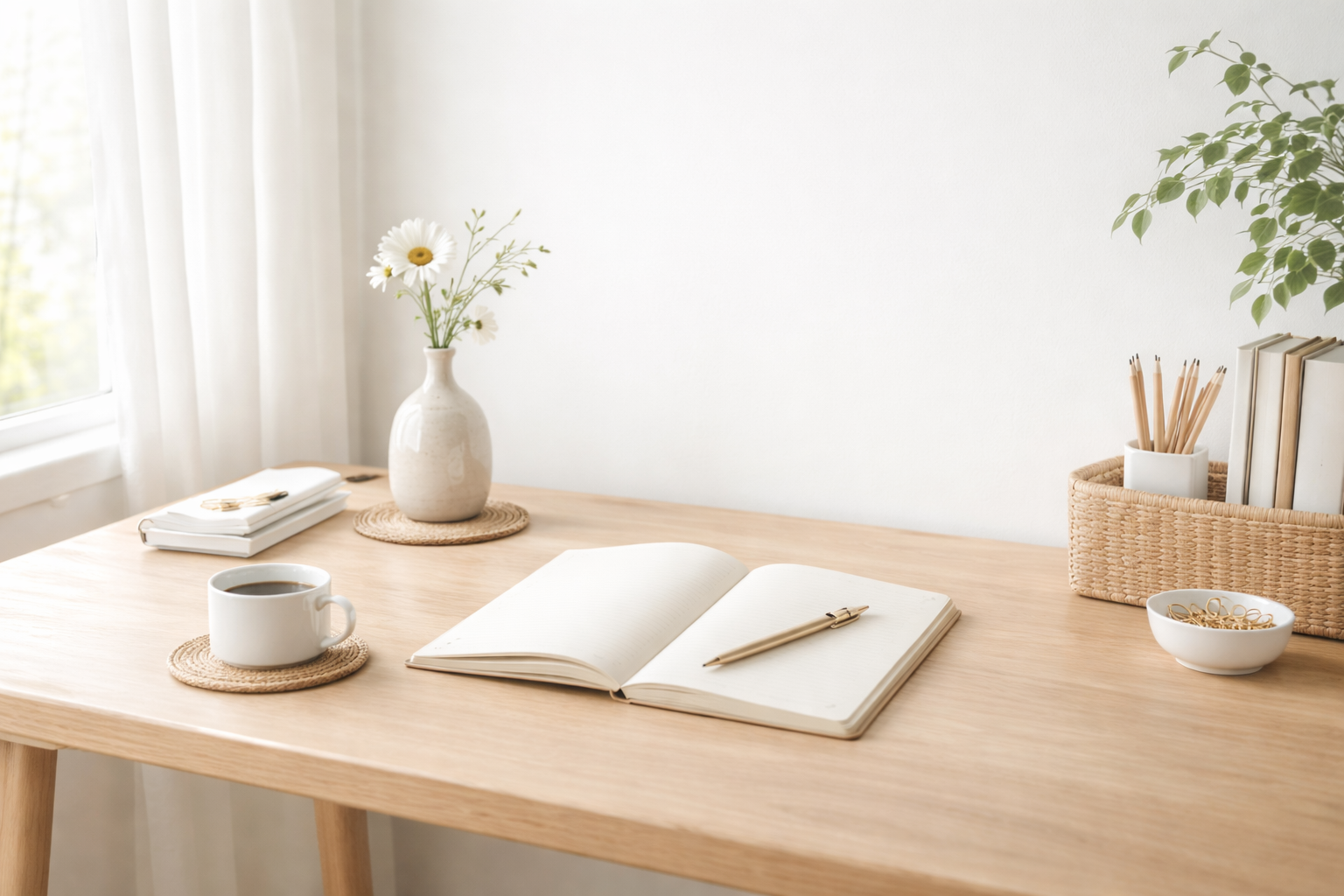 A clean, minimalist home office desk with a notebook and a plant, showing how an organized environment leads to a peaceful mind.