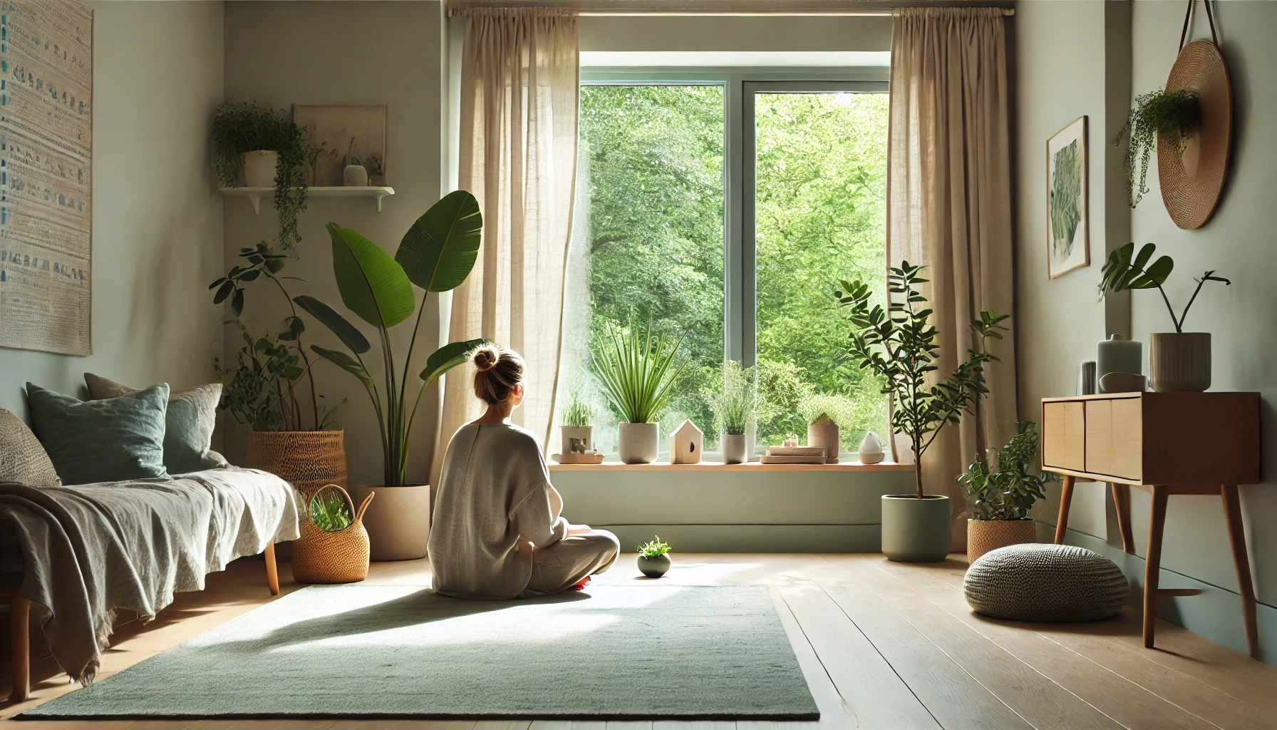 A person standing in a peaceful nature setting, representing a calm mindset amidst a modern world.
