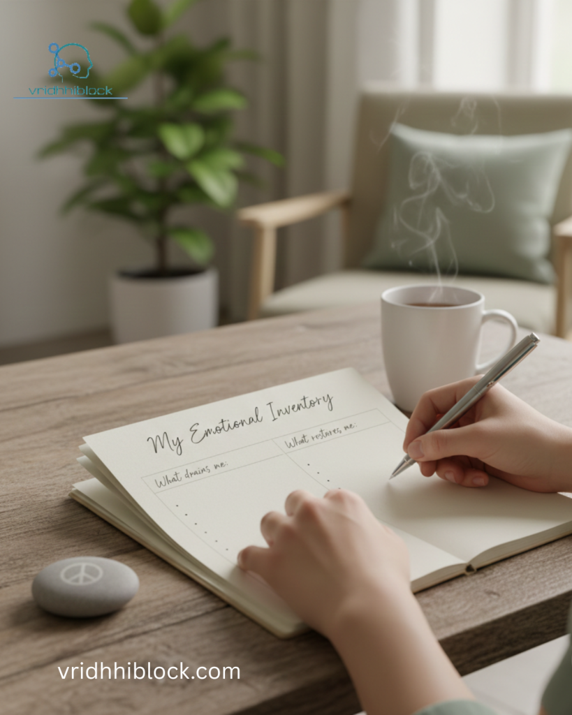 Woman writing in a journal as part of an emotional minimalism audit.
