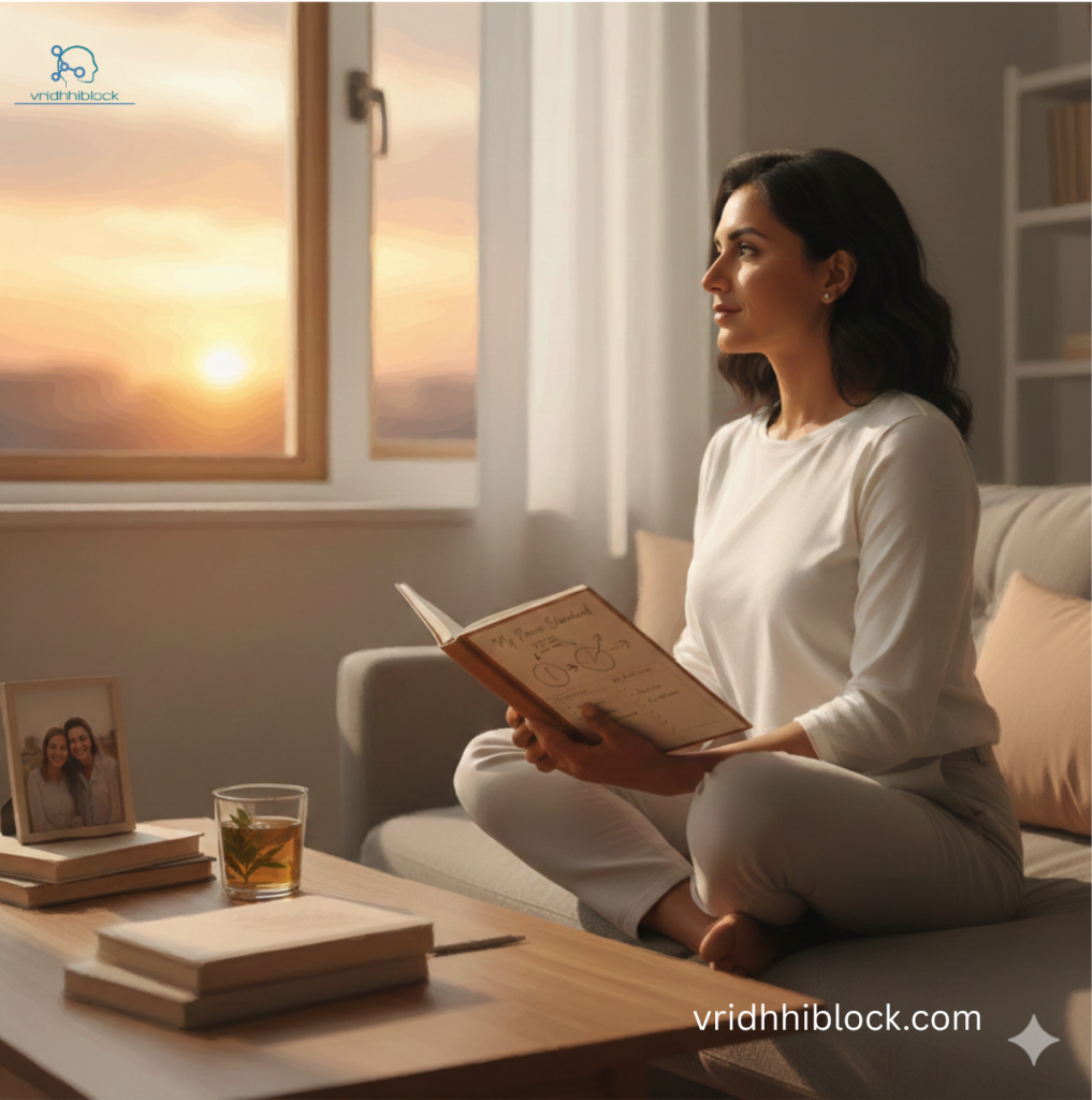 Calm woman looking out a window during a 7-day peaceful mindset challenge.