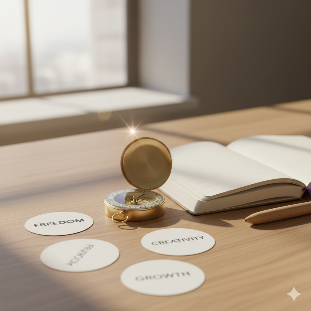 A minimalist desk featuring a golden compass and an open journal, symbolizing the first step of intentional life design by defining core values like freedom, creativity, and growth.
